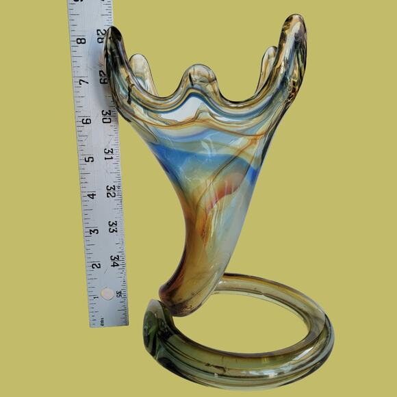 Vintage MCM 1960s Blue and Rust Sooner Art Glass Trumpet Vase - Picture 5 of 5